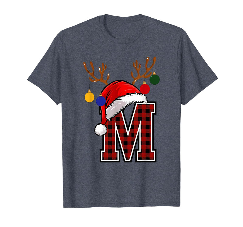 Christmas Buffalo Plaid Alphabet Tees Letter M Name Initial Buffalo Plaid Alphabet Monogram T-Shirt - Heather Blue