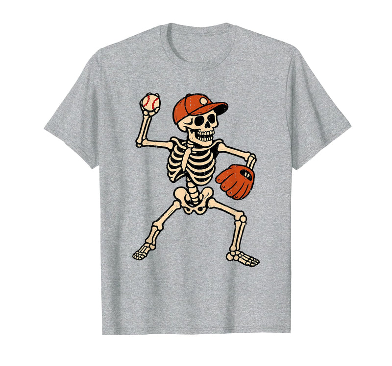 Funny Skeleton Baseball Tee Skeleton Baseball Halloween Costume Pitcher Sport Player T-Shirt - Heather Grey