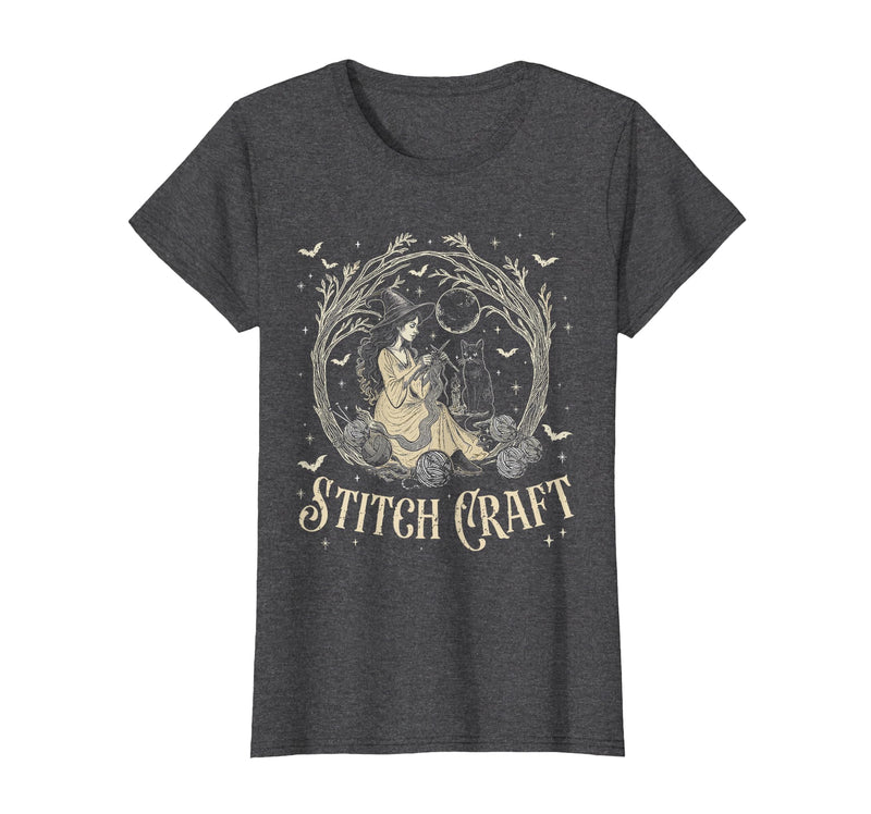 Witch Black Cat Halloween Witches Crochet Womens Stitch Craft Salem Witch Halloween Cat Witch Girls Trip T-Shirt - Dark