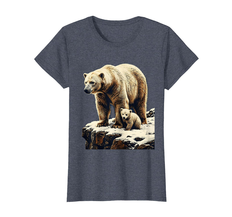 Mademark Mama Polar Bear and Cub Snowy Cliff Illustration T-Shirt - Heather Blue