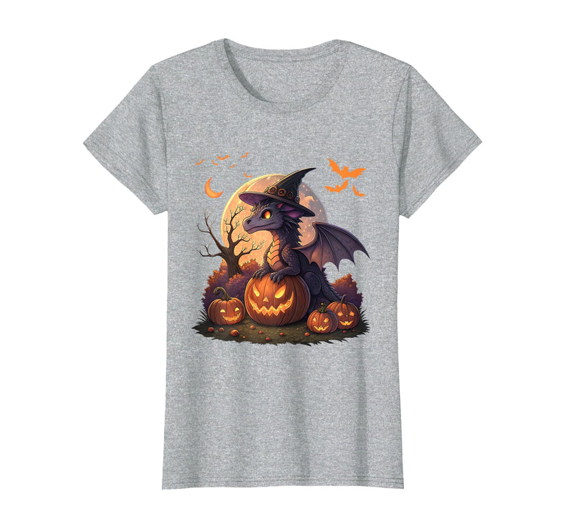 Halloween Dragons Fantasy Spooky Witchy Cute Halloween Dragon Witch Hat Pumpkin Moon Fantasy T-Shirt - Heather Grey