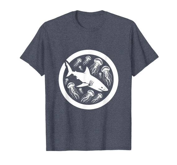 Mademark Tiger Shark and Jellyfish Bloom Ocean Art T-Shirt - Heather Blue