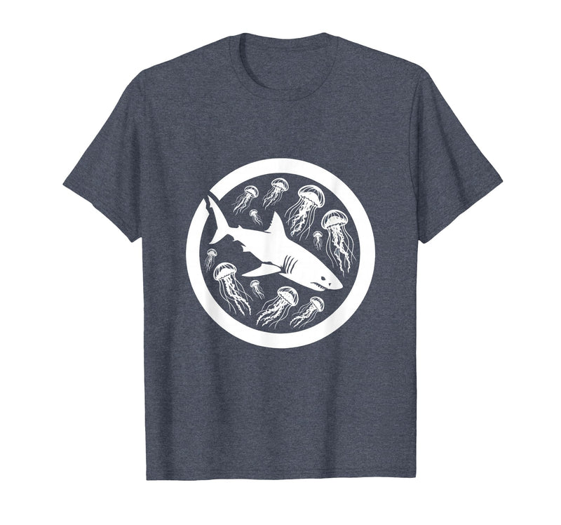 Mademark Tiger Shark and Jellyfish Bloom Ocean Art T-Shirt - Heather Blue