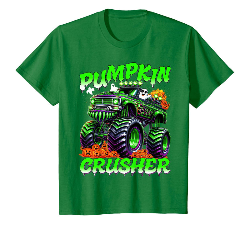 Pumpkin Crusher Kids Tees Pumpkin Crusher Monster Truck Ghosts Halloween for Boys T-Shirt - Kelly Green