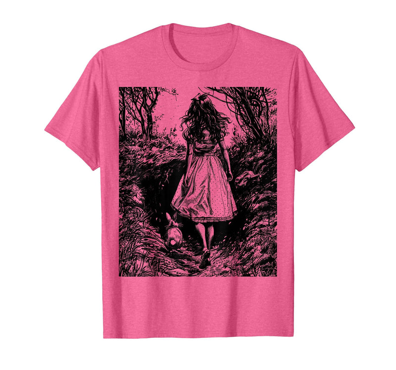 Alice in Wonderland - Down the Rabbit Hole Fantasy Vintage T-Shirt in Pink Heather