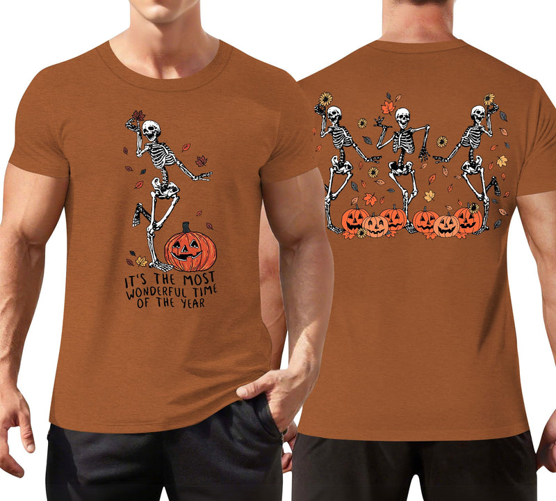 Ithalt Mens Halloween Shirt Halloweentown T Shirt Pumpkin Short Sleeve Top - Brown4