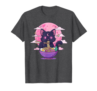 Cat Ramen Japanese Funny Graphic Anime Tees Pastel Goth Aesthetic Kawaii Creepy Cat Eating Ramen Noodles T-Shirt