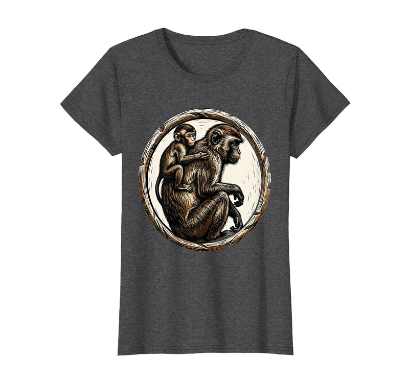 Mademark Baby Monkey Clinging to Mother's Back Design T-Shirt - Women - Dark Heather Grey