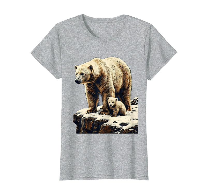 Mademark Mama Polar Bear and Cub Snowy Cliff Illustration T-Shirt - Heather Grey