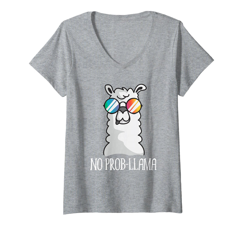 Llama Life Apparel Women's No Prob-Llama No Problem Cute Funny Cool Llama Alpaca V-Neck T-Shirt - Heather Grey