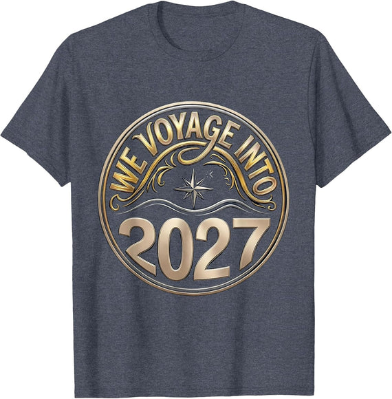 We Voyage Into 2027 Custom Festive New Year Family Party T-Shirt - Heather Blue
