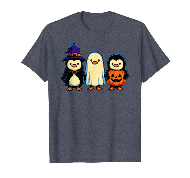 Nerrrdy Penguin Witch Ghost Pumpkin Men Women Kids Funny Halloween T-Shirt - Heather Blue