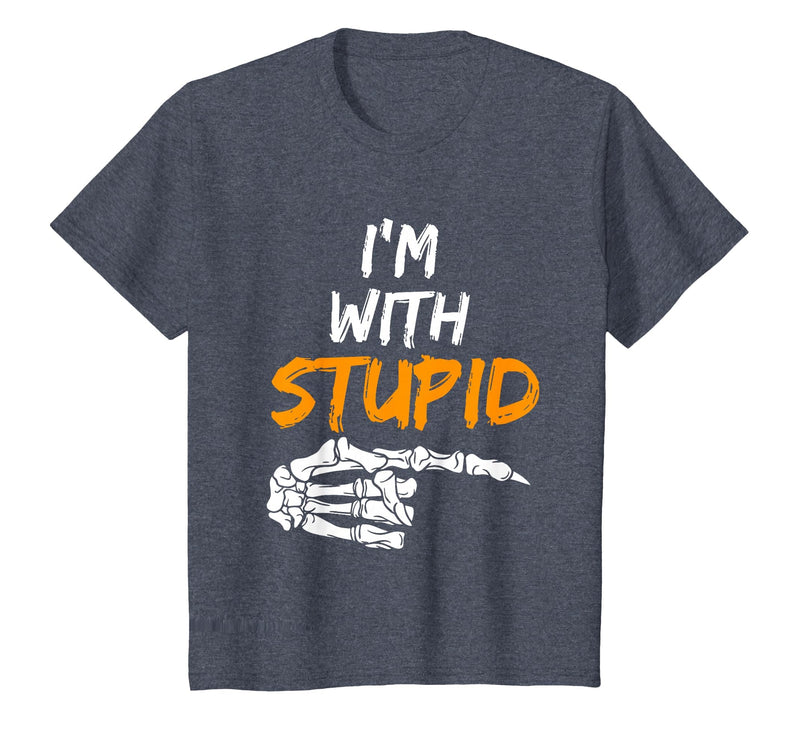 I'm With Stupid Shirts I'm with Stupid Skeleton Hand Pointing Right Funny Halloween T-Shirt - Heather Blue