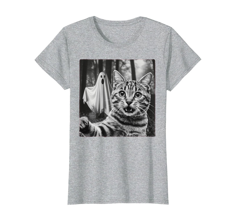 Halloween Cat Selfie with Spooky Ghost t -shir t Halloween Cat Selfie with Spooky Ghost T-Shirt - Heather Grey