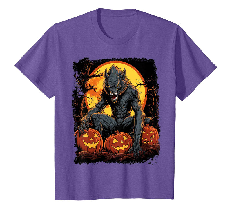 FrightNightFits Werewolf Orange Halloween T-Shirt - Purple Heather