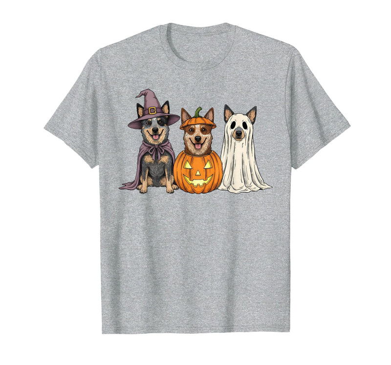 Funny Retro Australian Cattle Dog Halloween Witch Spooky Ghost Blue Heeler Pumpkin Halloween Dog Lover T-Shirt - Heather Grey