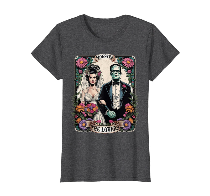 The Lovers Tarot Card Spooky Halloween Women Men The Monster Frankenstein and Bride The Lovers Tarot Card T-Shirt - Dark