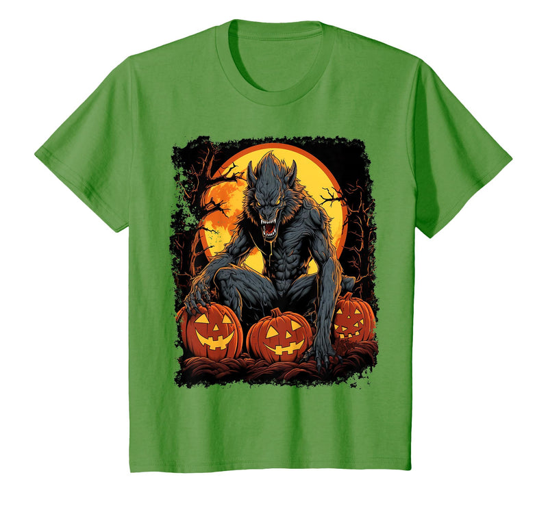 FrightNightFits Werewolf Orange Halloween T-Shirt - Grass Green