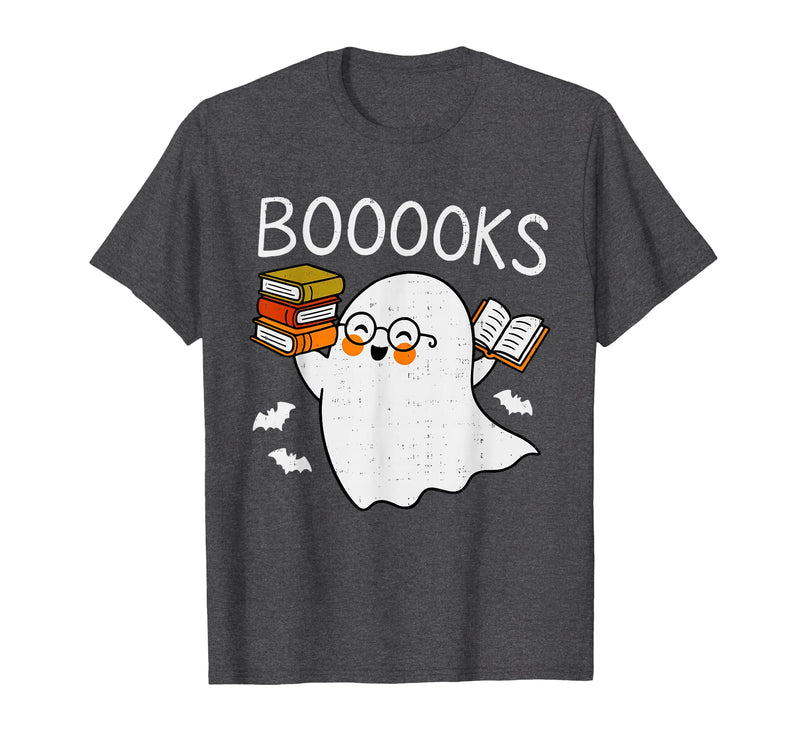 Halloween Tees for Women Men Kids Booooks Ghost Reading Halloween Library Librarian Teacher T-Shirt - Dark Heather Grey