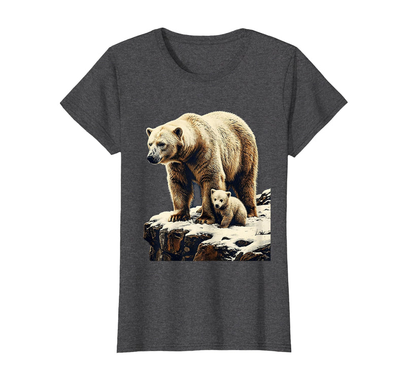 Mademark Mama Polar Bear and Cub Snowy Cliff Illustration T-Shirt - Dark Heather Grey
