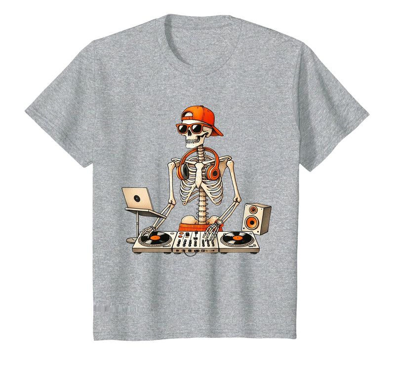 Funny Skeleton DJ Halloween Men Outfit Skeleton DJ Halloween Costume Turntable Music Funny Men Boys T-Shirt - Heather Grey