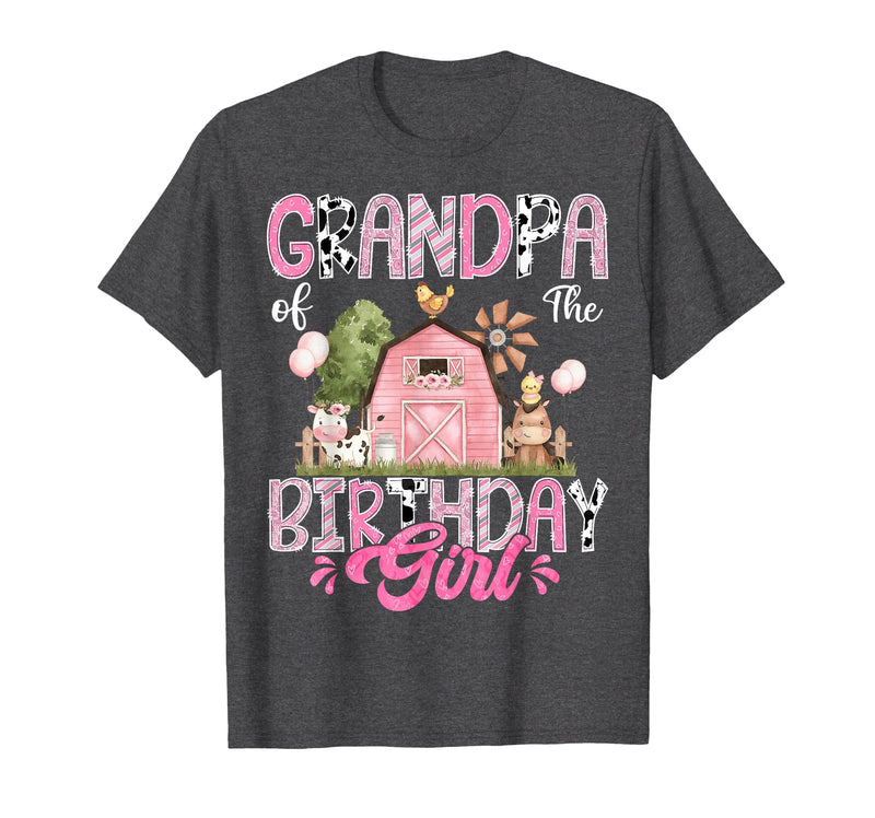Famer Pink Cow Birthday Matching Tees Grandpa of The Birthday Girl 1St Birthday Pink Cow Farm T-Shirt - Dark Heather Grey