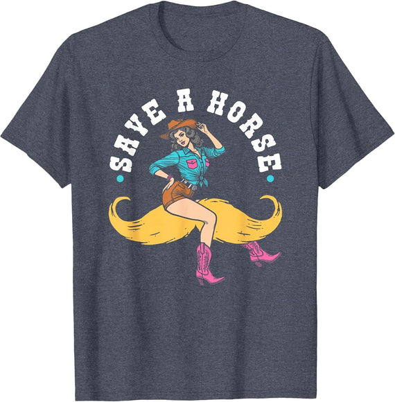 Save A Horse Ride A Mustache Rodeo Lover T-Shirt - Heather Blue