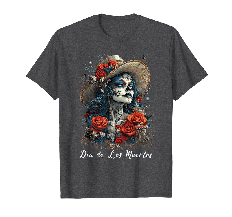 DIRHAME Dia De Los Muertos Mexican Sugar Skull Girl Halloween Dia De Los Muertos T-Shirt - Dark Heather Grey