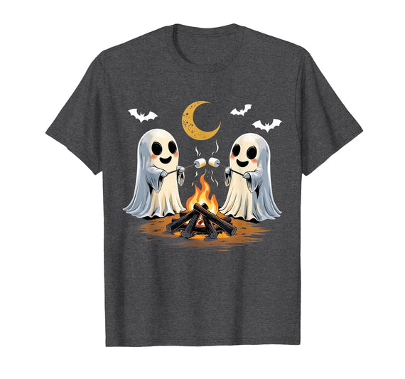 Halloween Tees and Spooky Ghosts Designs Ghosts Roasting Marshmallows Halloween Night Cute Novelty T-Shirt - Dark Heather