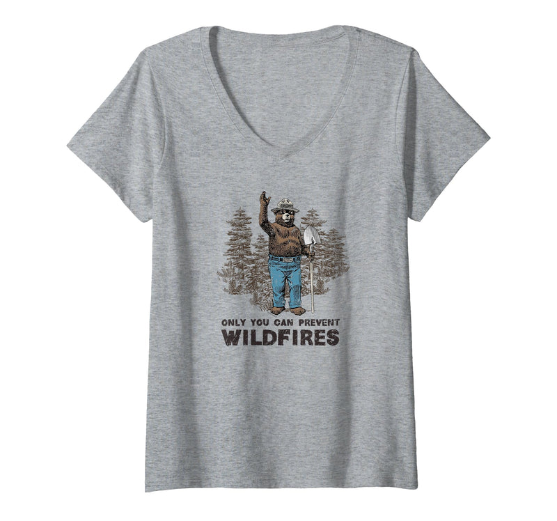Womens Smokey Bear Only You Can Prevent Wildfires V-Neck T-Shirt - Heather Grey
