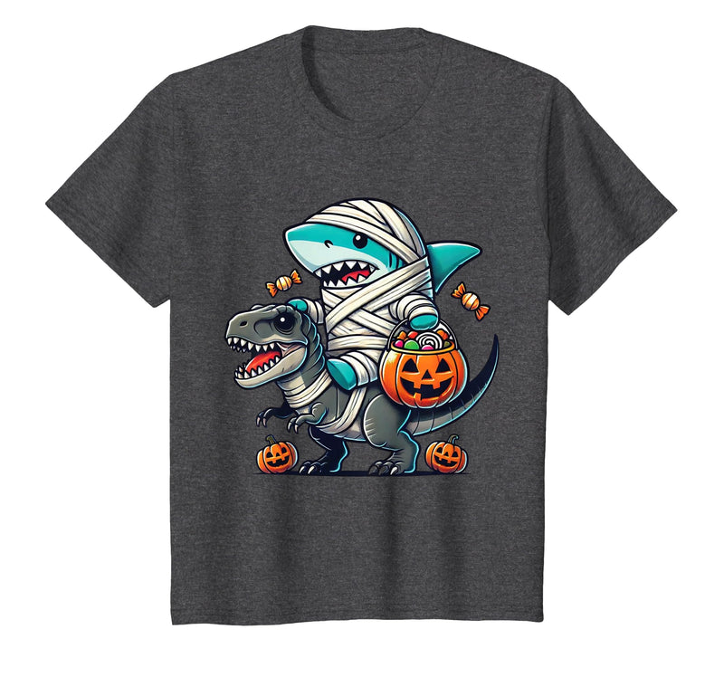 Funny Shark Dinosaur Halloween Kids Boys Tees Shark Riding Dinosaur T-rex Funny Halloween Pumpkin Boys Kid T-Shirt - Dark
