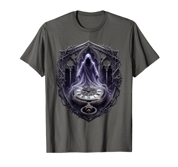 Mademark Ghost Emerging From Old Pocket Watch Halloween T-Shirt - Asphalt Grey