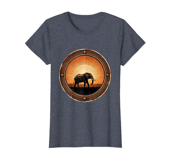 Mademark Elephant Silhouette Glowing Safari Sunset T-Shirt - Women - Heather Blue