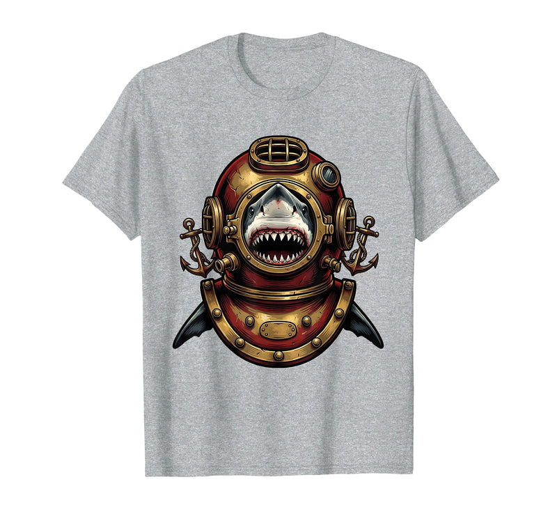 Mademark Shark in Vintage Deep-Sea Diving Helmet T-Shirt - Heather Grey