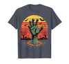 Creepy Undead Zombie Hand Retro Sunset Scary Zombie Hand Retro Sunset Halloween Horror Tee T-Shirt - Heather Blue