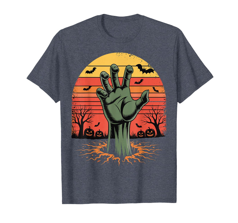 Creepy Undead Zombie Hand Retro Sunset Scary Zombie Hand Retro Sunset Halloween Horror Tee T-Shirt - Heather Blue