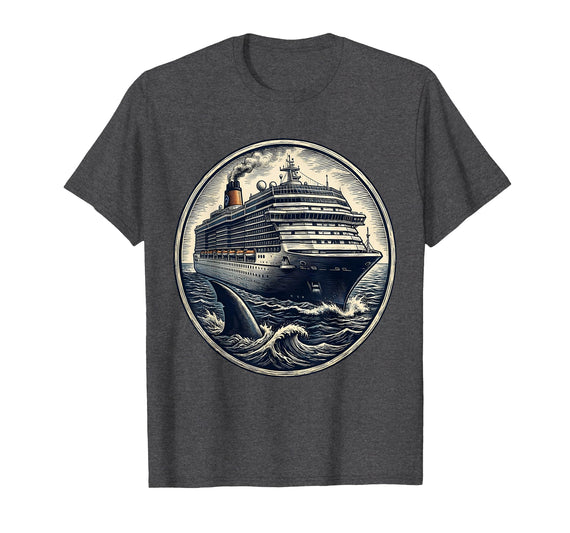 Mademark Shark Fin Circling Cruise Ship Graphic Tee T-Shirt - Dark Heather Grey