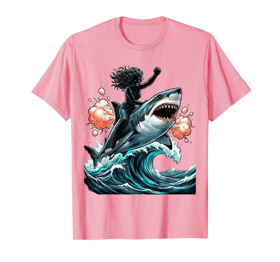 Woman Riding Shark Through Crashing Wave T-Shirt