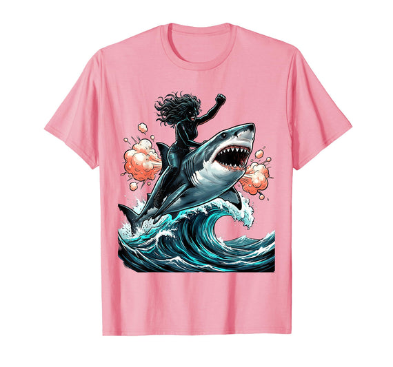 Mademark Woman Riding Shark Through Crashing Wave T-Shirt - Pink