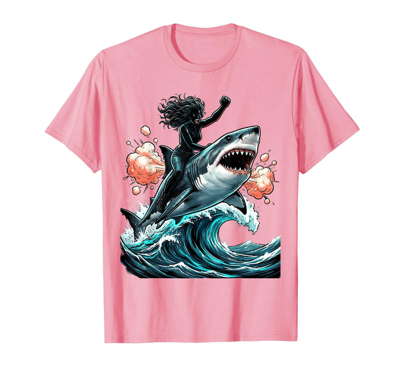 Mademark Woman Riding Shark Through Crashing Wave T-Shirt - Pink