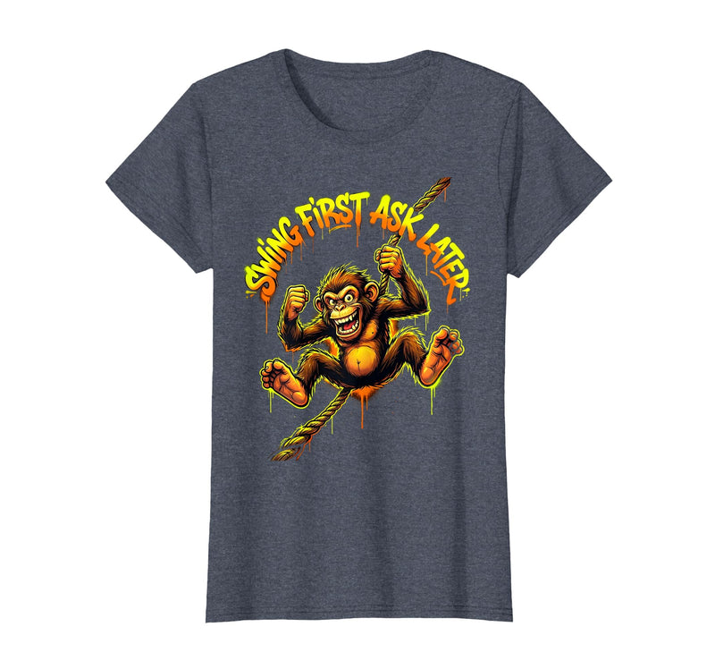 Mademark Swing First Ask Later Funny Monkey Design T-Shirt - Women - Heather Blue
