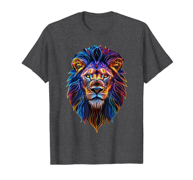 Psychedelic Jungle Glow Animal Art Glow Lion Head Art Psychedelic Jungle Animal Face T-Shirt - Dark Heather Grey