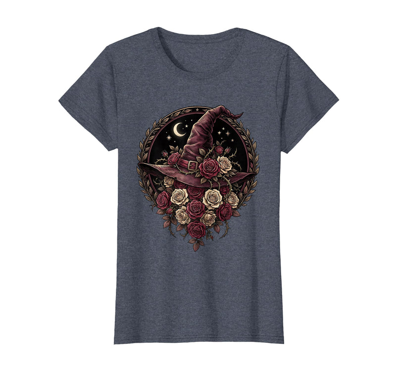 Mademark Witch Hat Black Roses Halloween Women's Design T-Shirt - Heather Blue