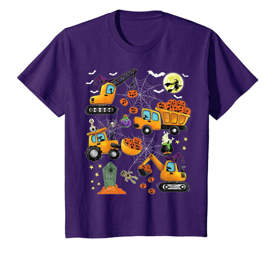 Kids Fun Construction Vehicle Halloween spider web Kids Construction Vehicle Halloween Crane Truck Pumpkin Boys T-Shirt -