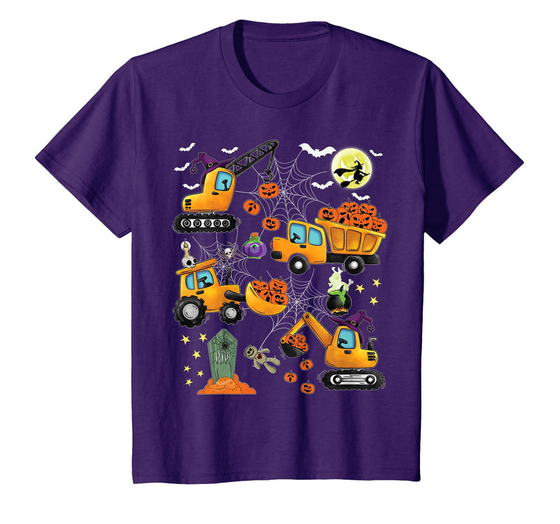 Kids Fun Construction Vehicle Halloween spider web Kids Construction Vehicle Halloween Crane Truck Pumpkin Boys T-Shirt -