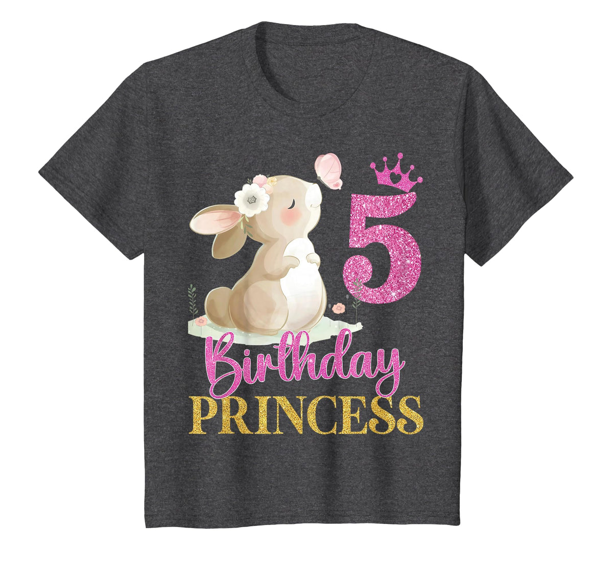 Kids 5th Birthday Rabbit Princess Girl Bunny 5 Years Old T-Shirt in Dark Heather Grey