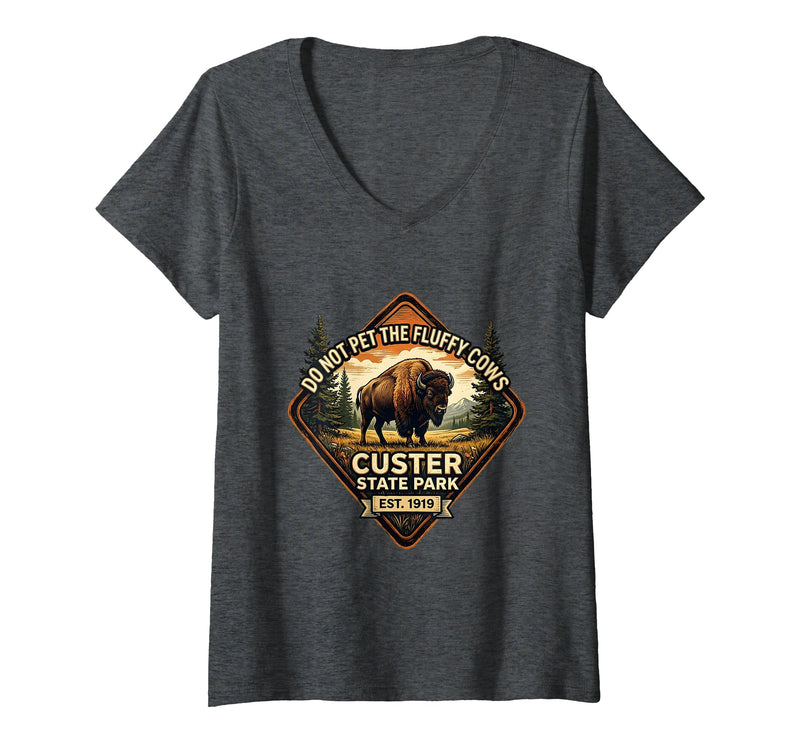 Mademark Women's Do Not Pet The Fluffy Cows Custer State Park Design V-Neck T-Shirt - Dark Heather Grey