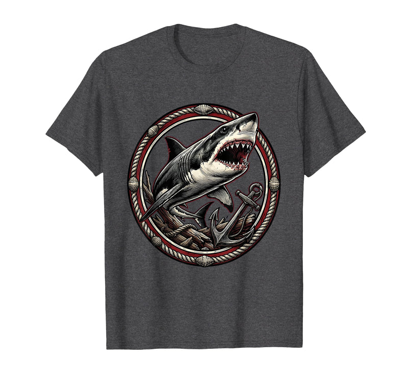 Mademark Shark Swimming Past a Crumbling Shipwreck T-Shirt - Dark Heather Grey