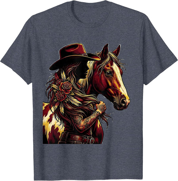 Cowboy Horse Grooming Painted Mare Illustration T-Shirt - Heather Blue