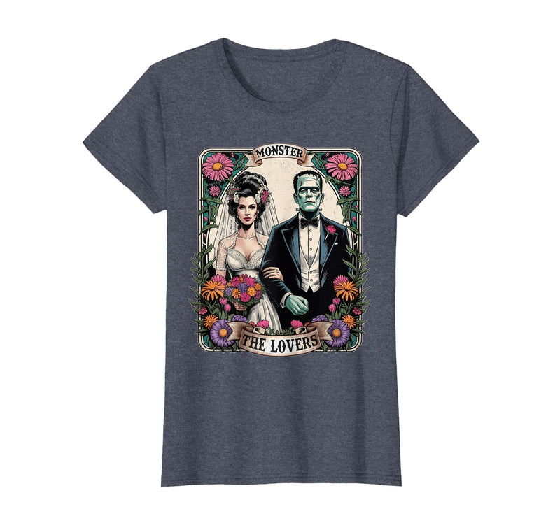 The Lovers Tarot Card Spooky Halloween Women Men The Monster Frankenstein and Bride The Lovers Tarot Card T-Shirt - Heather